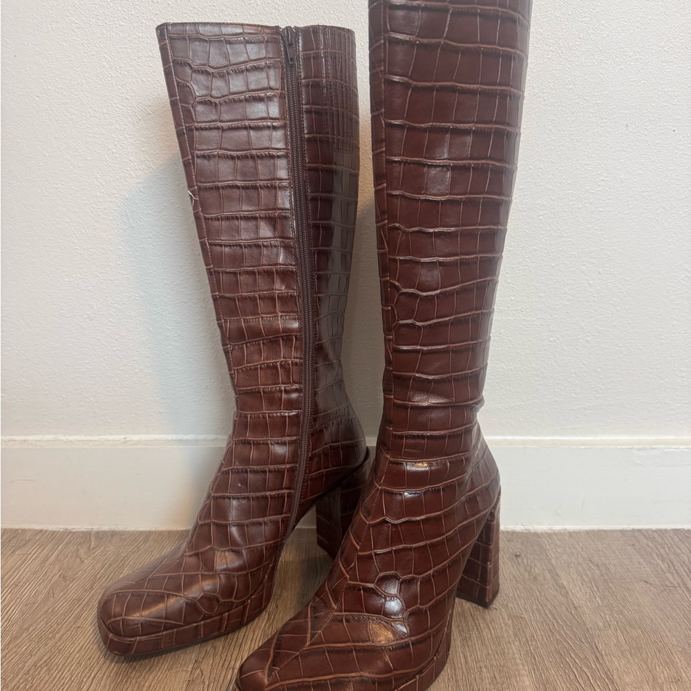 Jeffrey Campbell Chocolate Croc-Embossed Heeled Boots